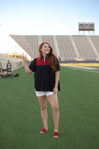 Legacy Red Embroidery Short Sleeve Black Top Front