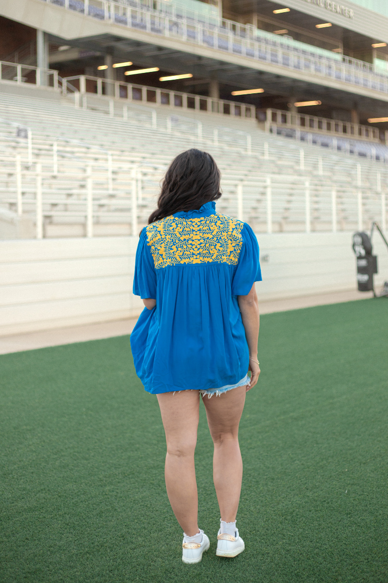 McCullough Yellow Embroidery Short Sleeve Blue Top Back