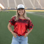 Klift Black Embroidery Short Sleeve Red Metallic Top Front