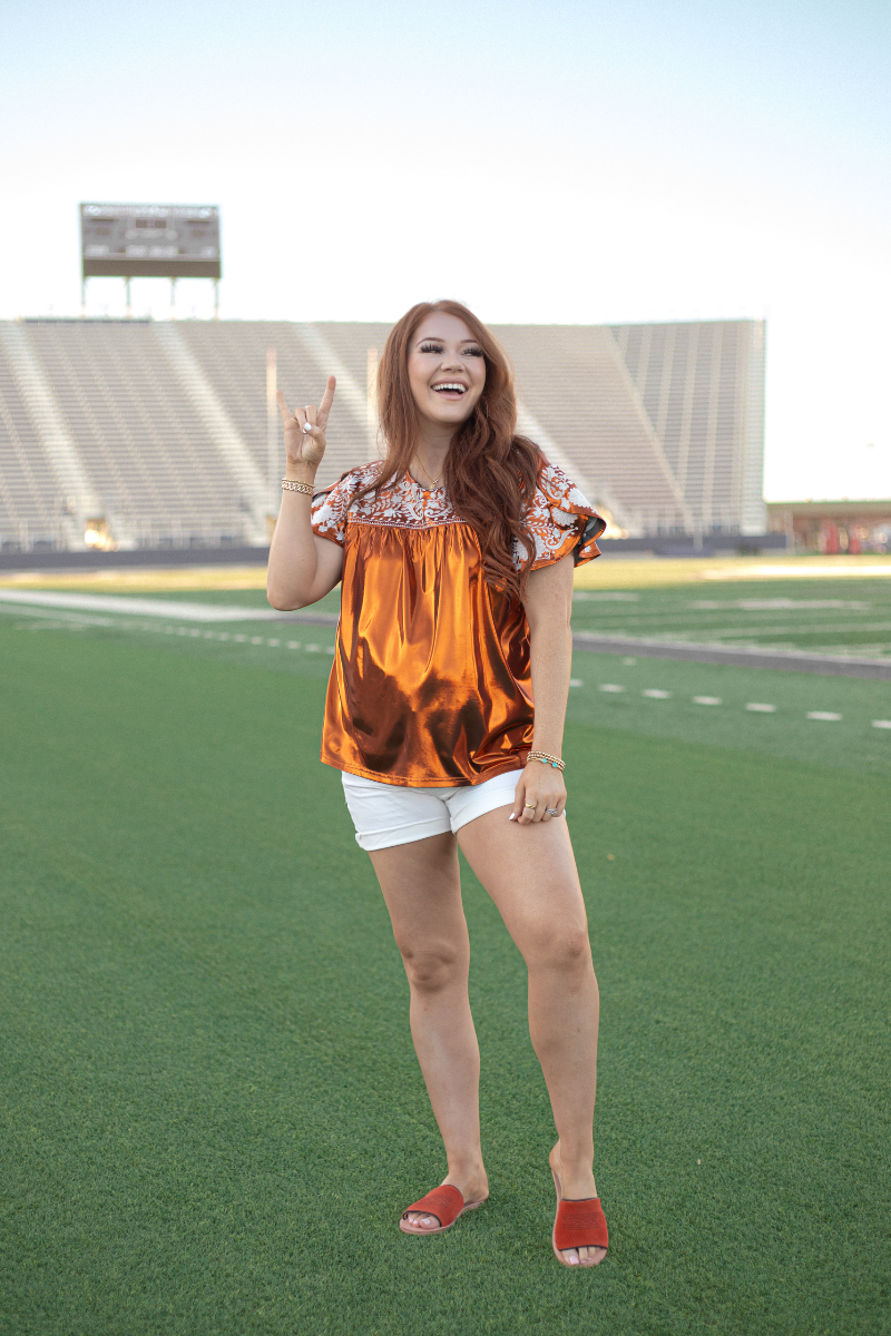 Bellmont White Embroidery Short Sleeve Orange Metallic Top Front