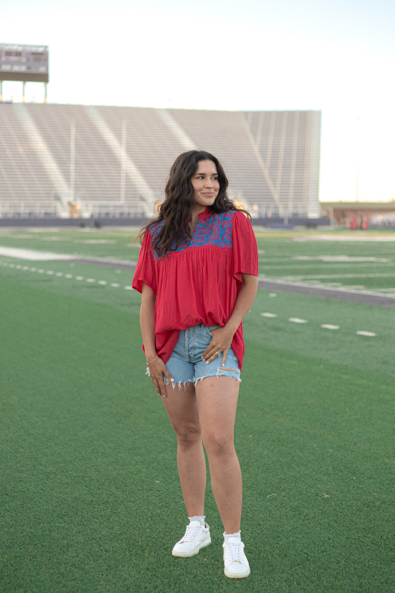 Lifestyle Arlington Red with Blue Embroidery Short Sleeve Top 