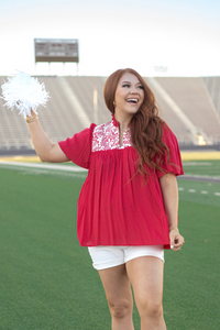 Gabrielle White Embroidery Short Sleeve Red Top Front