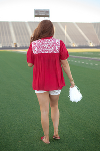 Gabrielle White Embroidery Short Sleeve Red Top Back