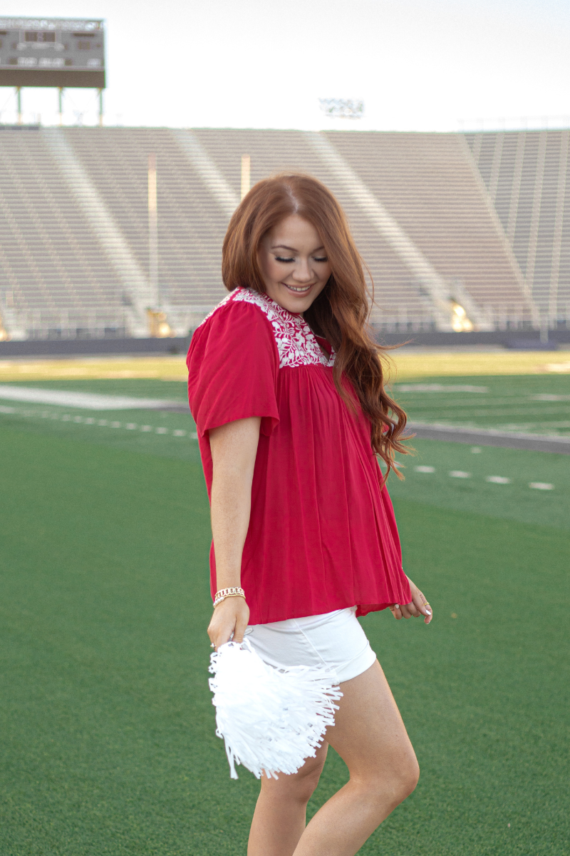 Gabrielle White Embroidery Short Sleeve Red Top Side