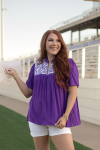 Ruder White Embroidery Short Sleeve Purple Top Front