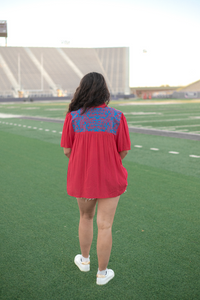 Arlington Red with Blue Embroidery Short Sleeve Top Back