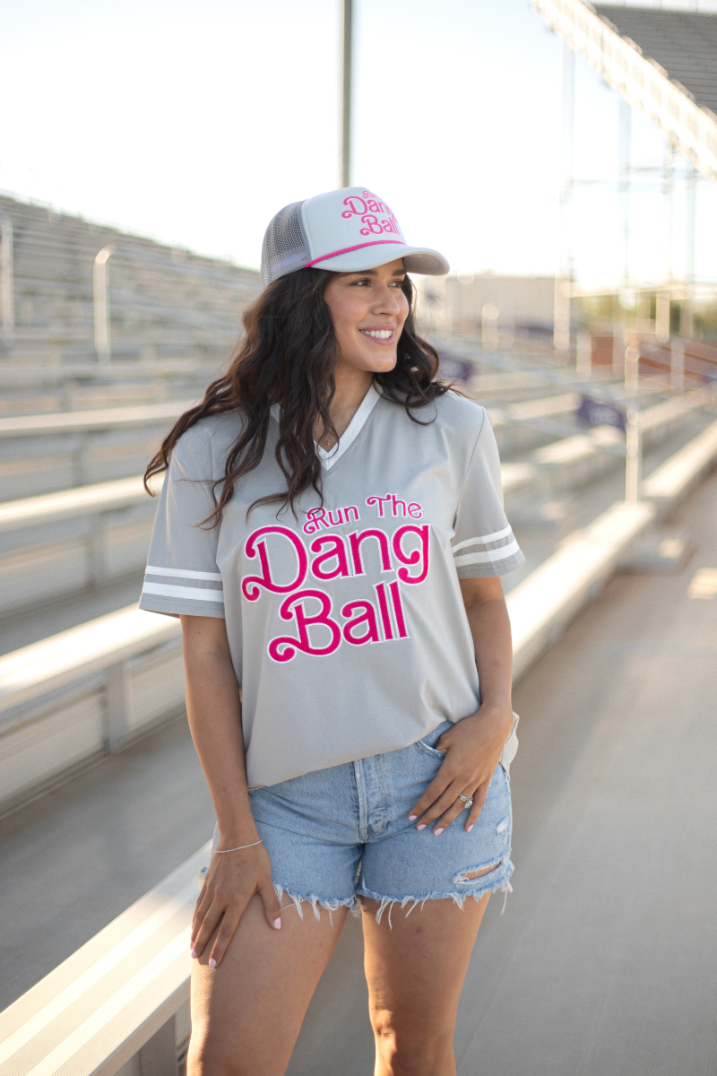 Run The Dang Ball Grey with Pink Lettering Short Sleeve Top Front