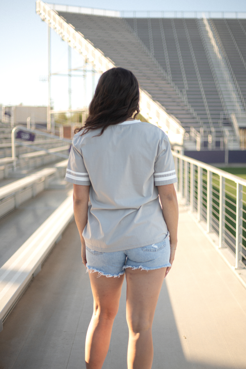 Run The Dang Ball Grey with Pink Lettering Short Sleeve Top Back