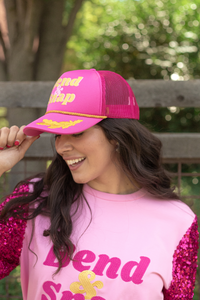 Hot Pink Bend and Snap Yellow Lettering Cap Side