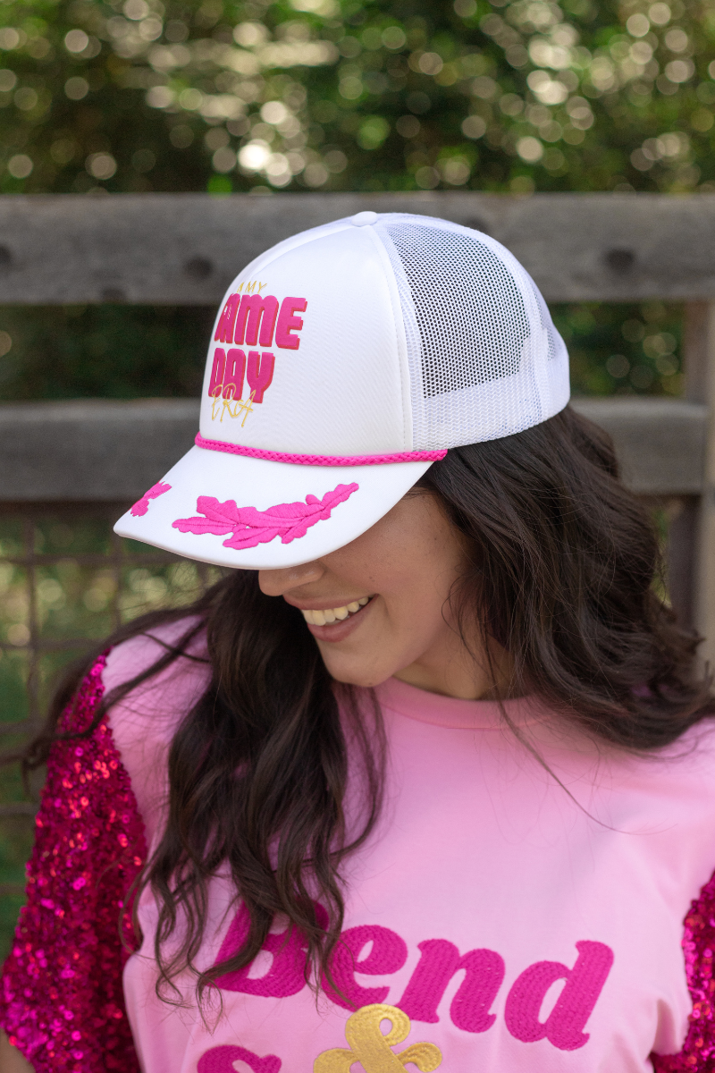 In My Game Day Era White Cap with Pink Embroidery and Yellow Details Side