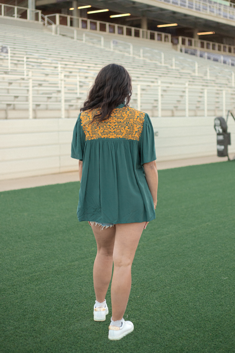 Hawks Yellow Embroidery Short Sleeve Green Top Back