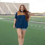 Janie Orange Embroidery Short Sleeve Blue Top Front