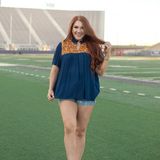 Janie Orange Embroidery Short Sleeve Blue Top Front
