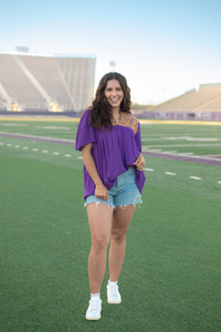 Tiger Gold Embroidery Short Sleeve Purple Top Front