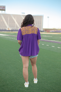 Tiger Gold Embroidery Short Sleeve Purple Top Front