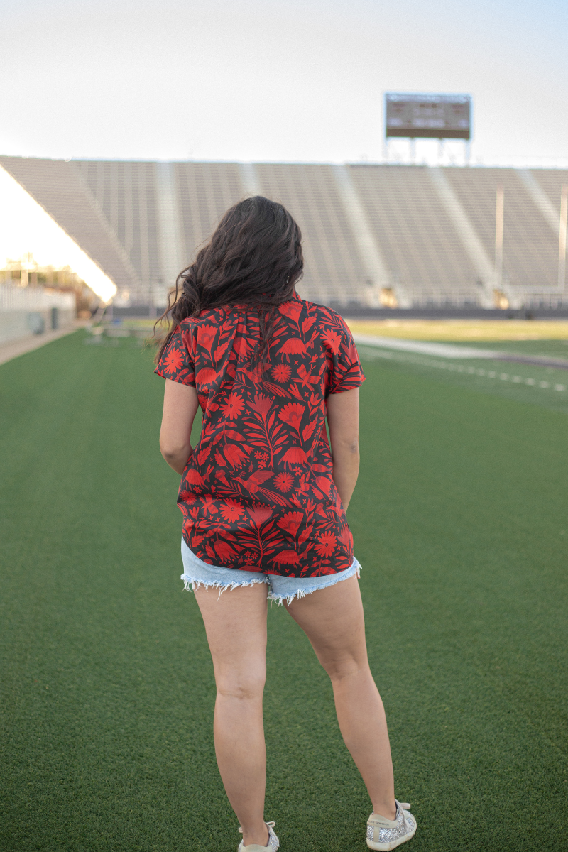 Joey Red and Black Button Up Short Sleeve Top Back 