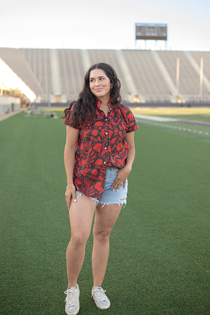 Joey Red and Black Button Up Short Sleeve Top Front