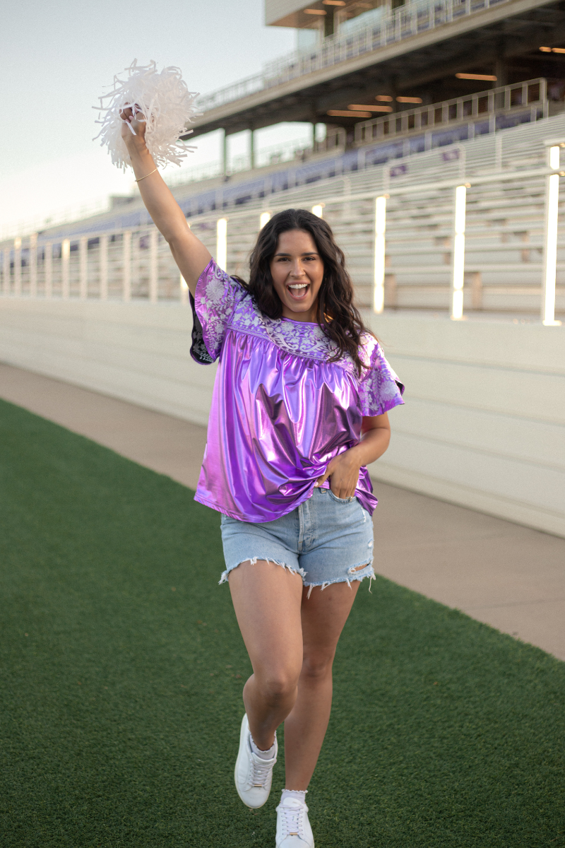 Autry White Embroidery Short Sleeve Purple Metallic Top Front