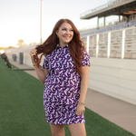 Tailgate White Boot Design Short Sleeve Purple Dress Front