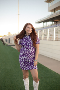 Tailgate White Boot Design Short Sleeve Purple Dress Front