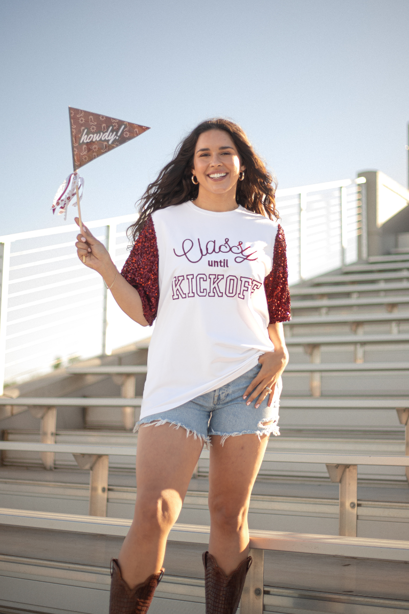 Classy Until Kickoff Maroon Elbow Sleeve White Top Front