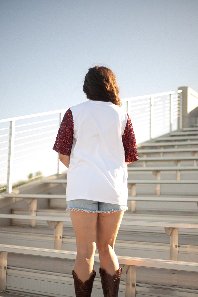 Classy Until Kickoff Maroon Elbow Sleeve White Top Back