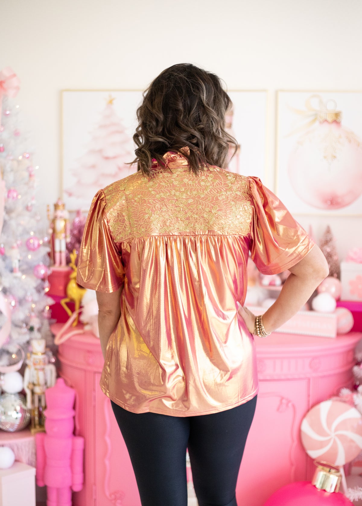 Sugar Plum Gold Embroidery Short Sleeve Metallic Pink Top Back