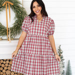 Mary Short Sleeve Red/White/Green Plaid Knee Length Dress Front