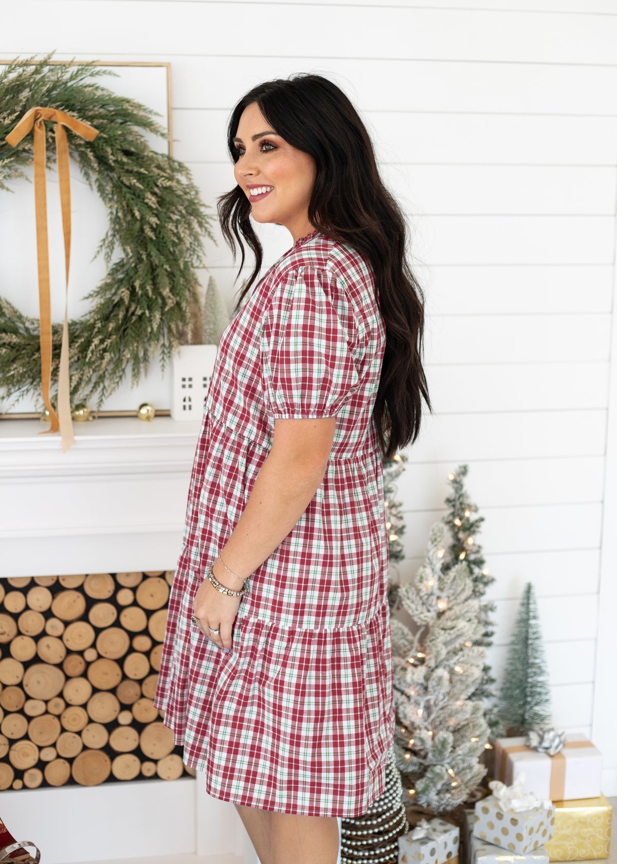 Mary Short Sleeve Red/White/Green Plaid Knee Length Dress Side