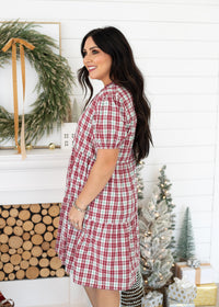 Mary Short Sleeve Red/White/Green Plaid Knee Length Dress Side