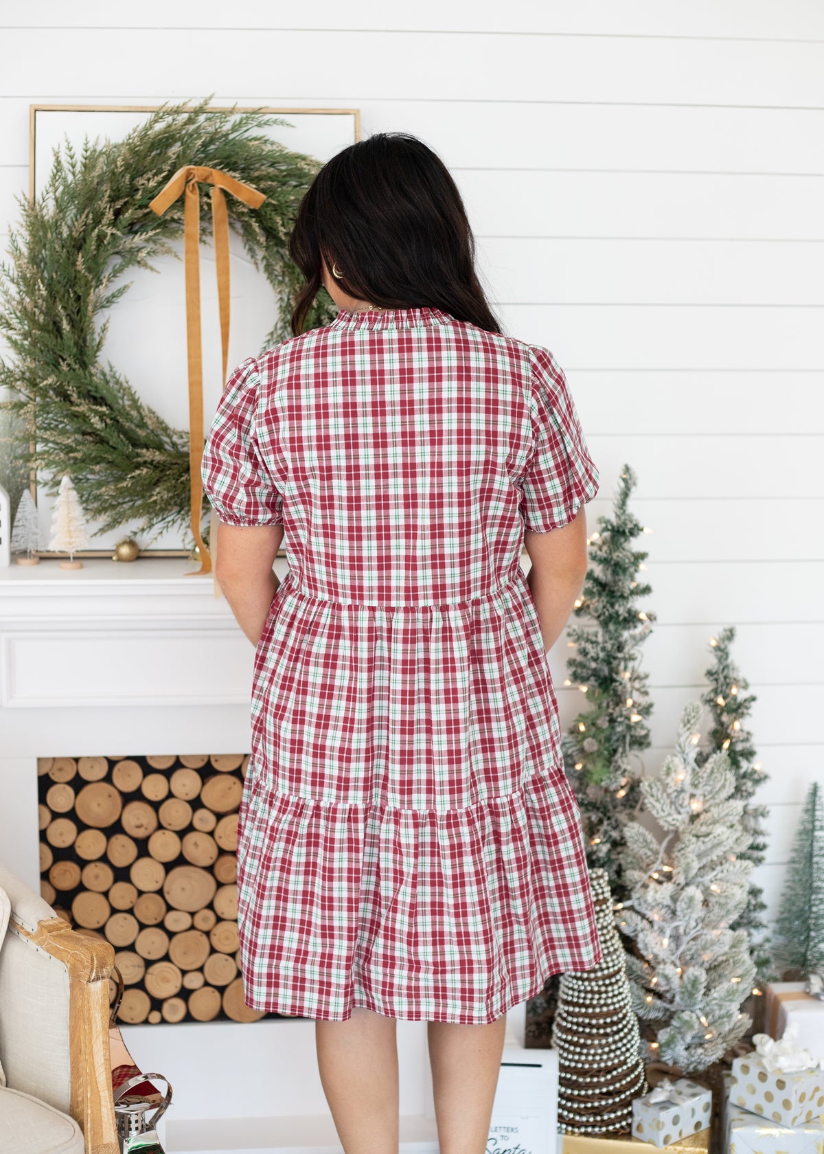 Mary Short Sleeve Red/White/Green Plaid Knee Length Dress Back