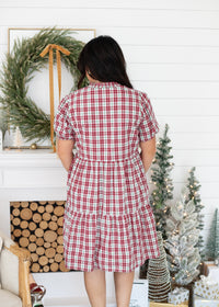 Mary Short Sleeve Red/White/Green Plaid Knee Length Dress Back